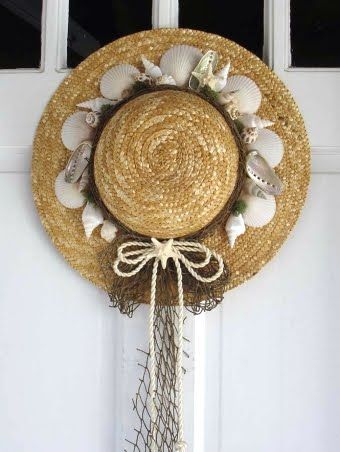 Isadora Lloyd, straw decor and accents for wedding design and gifts; isalloyd@yahoo.com Straw Hat Crafts, Decorated Hats, Couronne Diy, Art Coquillage, Nautical Wreath, Seashell Projects, Seashell Wreath, Nautical Crafts, Beach Wreath