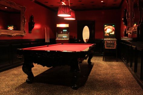 Pool room Basement Pool Table, The Red Room, Pool Table Room, Pool Room, Table Room, Red Room, Pool Rooms, Melbourne House, Black Room