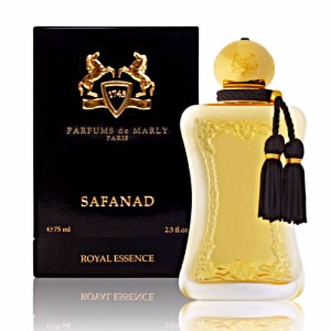 Safanad unfurls with an opulent halo of orange blossom that astounds with its enveloping lushness. A dewy pear note harmonizes to a nectar-like effect that charms with an intense femininity. Safanad conveys an elegant, custardy haze of golden sweetness as the floral heart of Ylang, Orange Blossom and Iris conspire to a caressing vanilla-ed bouquet that discreetly hovers with a gentle textured presence. The vanilla and sandalwood base enigmatically elude to a subtly darker dimension and warmth. Arab Scents, Herbal Perfume, Arabian Perfume, Fragrance Packaging, Luxury Perfumes, Parfums De Marly, Feminine Fragrance, Beautiful Perfume Bottle, The Perfume