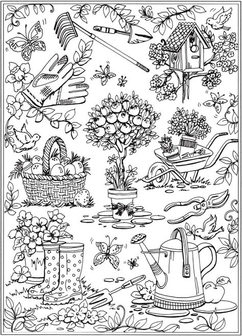 Welcome to Dover Publications Doodle Collage, Dover Coloring Pages, Spring Scenes, Teresa Goodridge, Creative Haven Coloring Books, Garden Coloring, Garden Coloring Pages, Spring Scene, Spring Coloring Pages