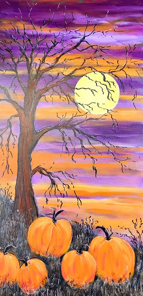 Easy Fall Scenes To Paint, Fall Pallet Painting Ideas, Halloween Sky Painting, Fall Mushroom Painting, Paint And Sip Fall Ideas, Fall Scenery Paintings Easy, Cottage Core Painting Ideas Easy, Easy Pumpkin Paintings, Autumn Painting Ideas On Canvas