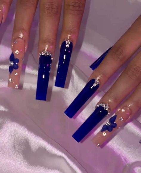 Acrylic Nails Square Blue, Blue Fall Nails 2024, Royal Blue Square Acrylic Nails, Royal Blue Long Nails, Blue Long Acrylic Nails, Square Blue Nails, Dark Blue Acrylic Nails, Royal Blue Acrylic Nails, Hanukkah Nails