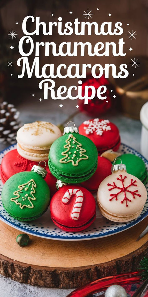 Celebrate the season with these stunning Christmas Ornament Macarons! With their festive designs and delicious fillings, these macarons are perfect for holiday parties, cookie exchanges, or as edible gifts for friends and family! Macrons Design, Christmas Macarons Recipe, Christmas Baking Gift Ideas, Christmas Desserts Aesthetic, Christmas Macaron Recipe, Fun Cooking Recipes, Mint Macarons, Unique Christmas Desserts, Strawberries Cookies