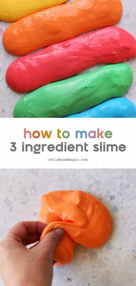 How to Make Slime - 3 Ingredients - Childhood Magic Homemade Slime For Kids, 3 Ingredient Slime, Make Slime For Kids, How To Make Oobleck, Ways To Make Slime, Science Experiment For Kids, Halloween Slime, Slime Ingredients, Contact Solution