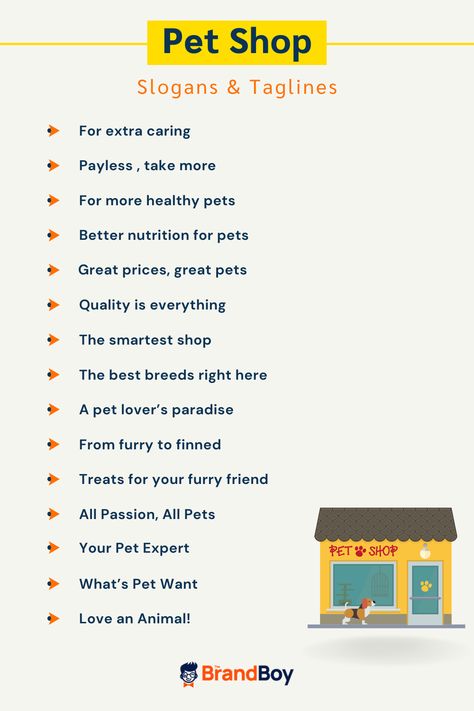 Catchy Pet Shop Slogans And Taglines Small Pet Store Ideas, Pet Shop Names Ideas, Pet Shop Ideas, Pet Business Ideas, Cat Pet Shop, Pet Store Display, Store Names Ideas, Treat Business, Dog Restaurant