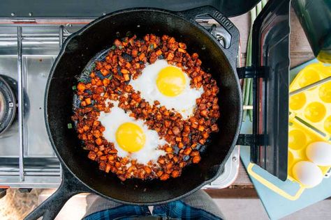 Easy Camping Breakfast Ideas, Sweet Potato Chorizo, Chorizo Sweet Potato, Camping Breakfasts, Camping Breakfast Ideas, Potato Chorizo, Crisp Autumn Morning, Chorizo Hash, Classic Pancake Recipe