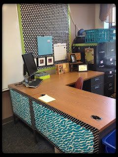 Love the desk. I had already bought pretty, adhesive shelf liner to cover my desk before I saw this. Now, I can't wait to put it on my desk. Back Of Desk Cover, Teacher Desk Makeover, Library Makeover, Classroom 2023, Teacher's Desk, Teaching Organization, Classroom Idea, Teaching College, Classroom Layout