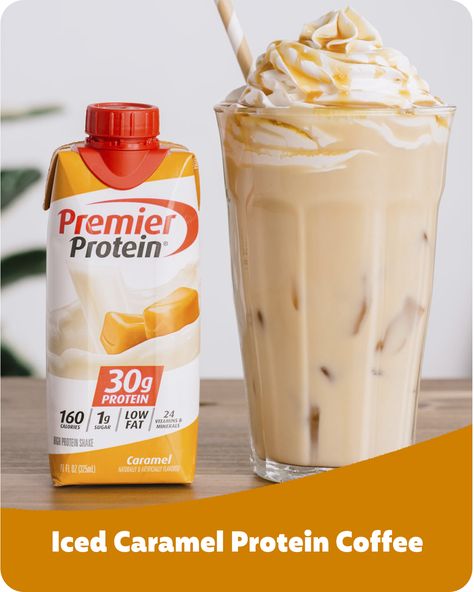 Premier Protein Shake Ideas, Caramel Premier Protein Shake, Premier Shakes Recipes, Drinks Made With Premier Protein, Shakes Made With Premier Protein, Premier Protein And Coffee, Keto Recipes Using Premier Protein Shakes, Smoothie Recipes Using Premier Protein Drink, Coffee And Premier Protein Shake