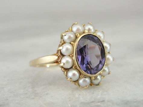 Vintage Alexandrite and Pearl Ring Rings With Pearls, Alexandrite Rings, Covington Louisiana, Stone Magic, Gems Ring, Pearl Cocktail Ring, Alexandrite Jewelry, Birthstone Rings, Colored Stone