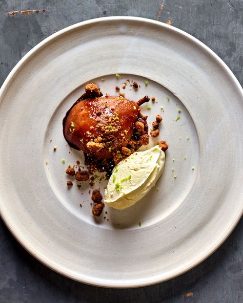 FEAST — Poached Pear & Bergamot Crumble with Crème Fraîche — Natoora Poached Pears Dessert, Poached Pears Recipe, Plating Design, Michelin Chef, Pear Crumble, Fine Dining Desserts, Pear Dessert, Spiced Pear, Dessert Plating