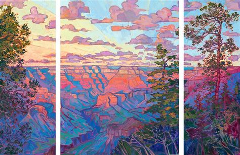 Grand Canyon in Triptych - Official Website Triptych Art, American Impressionism, Erin Hanson, Contemporary Impressionism, Animals And Birds, Large Oil Painting, Impressionism Art, The Grand Canyon, Sunset Colors