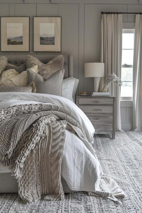 35 Beautiful Gray Farmhouse Bedroom Designs for Restful Nights Grey Rustic Bedroom Furniture, Master Bedding Ideas Gray Headboard, Gray Bedroom Furniture Master Suite, Cosy Farmhouse Bedroom, Light Grey Bedding Ideas Master Bedrooms, Beige And Grey Bedroom Aesthetic, Light Gray Bedroom Aesthetic, Bedrooms With Gray Carpet, Light Gray Headboard Bedroom Decor