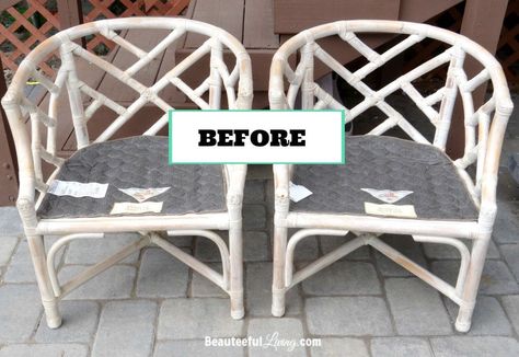 Two years ago, I spotted a pair of bamboo chairs at a local flea market. I have a thing for upcycling old chairs so naturally they caught my eye. My husband wasn't a fan and immediately said they were "hideous." I'm sure the last thing he wanted to do was pack them into our SUV. The chairs were only $14.00 so how could I walk away? Besides, I knew they were going to come out fabulous with some fresh paint and new cushions. Literally months after I bought these chairs, I started seeing… Cane Chairs Painted, Bamboo Chair Makeover, Vintage Bamboo Chairs, Upcycle Chair, Bamboo Dining Chairs, Bamboo Chairs, Painted Bamboo, Cane Furniture, Bamboo Table