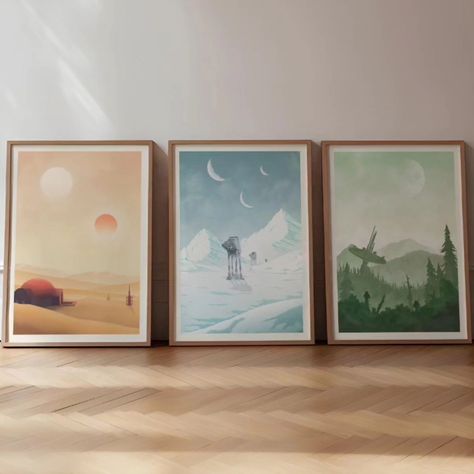 Star Wars Travel Poster Set - Tatooine, Hoth and Endor Travel from the beautiful binary sunset of Tatooine to the endless forests of Endor with these minimalist fan art posters. #starwars #starwarstravel #starwarsfan #starwarsposter #kriegdersterne #endor #hoth #tatooine #walldecor #wallart #fantasyart #starwarsart #starwarsplanets Minimalist Star Wars Art, Starwars Minimalist, Minimalist Star Wars, Tatooine Sunset, Star Wars Endor, Star Wars Travel Posters, Star Wars Tatooine, Binary Sunset, Star Wars Planets