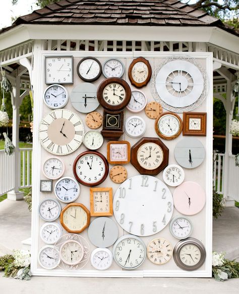 lots of clocks ceremony backdrop Vintage Saat, 80s Theme, Have Inspiration, Bridal Musings, Vintage California, Photo Booth Backdrop, Ceremony Backdrop, Green Wedding Shoes, Vintage Clock