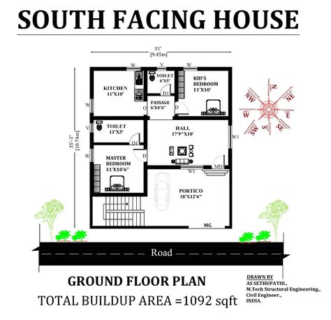 31'X35' South facing 2bhk house plan as per Vastu Shastra. download free|CADBULL - Cadbull South Facing House Plans Vastu 2bhk, South Facing House Plans Vastu, 30x50 House Plans, South Facing House, 30x40 House Plans, Vastu House, 2bhk House Plan, Bed Headboard Design, Building Layout