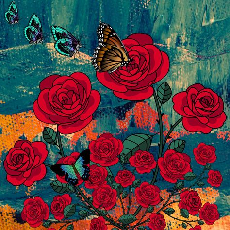 This is a beautiful painting of red roses and playing with different color just gives it that touch it needed Mexican Rose Art, Roses With Butterflies, Rosé Polaroid, Realistic Rose Drawing, Rosé Portrait, Roses Painting, Red Rose Tattoo, Realistic Rose, Rose Tattoo Design