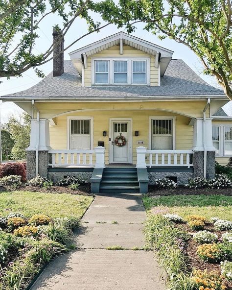 Bungalow Cottage, Liz Marie, Yellow Cottage, Bungalow Exterior, Craftsman Bungalow, Bungalow Homes, Cottages And Bungalows, Yellow House, Craftsman Style Home