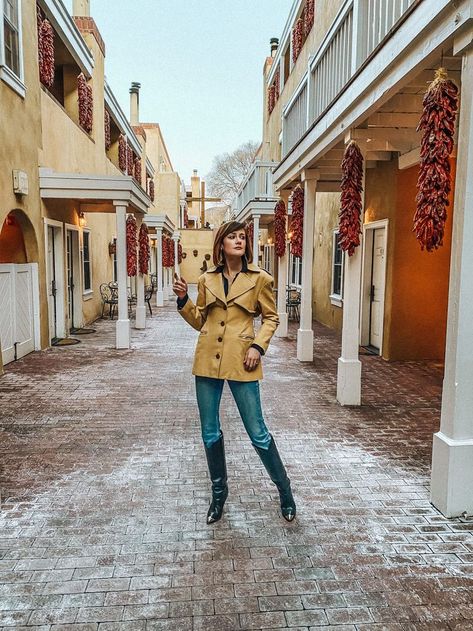 Khaite trench jacket outfit #southwest #santafe #newmexico #travelstyle Trench Jacket Outfit, Outfit Edit, Pants Western, Isabel Marant Boots, Dc Fashion, Outfits For Mexico, Western Ankle Boots, Domestic Goddess, Western Belt