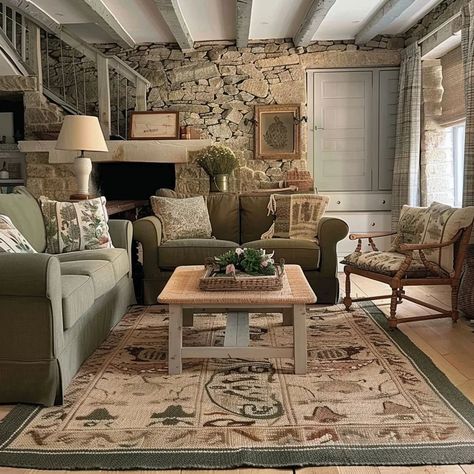 🌿 Embark on a Cozy Journey: A Living Room Tale 🛋️✨  Swipe left and step into the enchanting world of rustic serenity! Immerse yourself in the embrace of cottage core vibes, where green and beige hues dance with the timeless elegance of stone walls. 🏡💚✨  Explore the artful interplay of fabric, rustic charm, and the warm allure of light and dark brown tones.  Ready to infuse your space with the romance of country living? Dive in and let the journey begin! 🌾 Created using Ai #CottageCoreLi... Brown And Green Living Room, Cottage Core Vibes, Cottage Living Rooms, Stone Walls, Stone Cottage, Living Room Green, The Embrace, Cottage Living, Space Decor