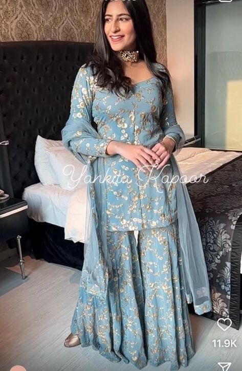 Sharara Designs For Plus Size, Sharara Suit Designs, Bridesmaid Suits, Blue Sharara, Sky Blue Outfit, Plus Sized Outfits, Kurta Lehenga, Sharara Designs, Combination Dresses