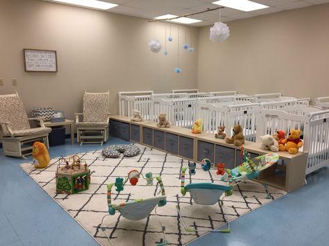 Infant Room Set Up Daycare, Infant Cozy Area Daycare, Daycare Crib Set Up, Infant Room Schedule Daycare, Nursery Daycare Ideas, Infant Daycare Set Up Ideas, Infant Daycare Classroom Decor, Simple Daycare Room, Cute Daycare Ideas