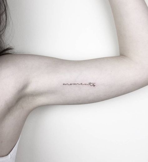 Small Tattoos That Prove How Powerful One Word Can Be Bicep Script Tattoo, Word Tattoo Placements, Word Tattoos On Arm, Bicep Tattoo Women, Underarm Tattoo, Inner Arm Tattoos, One Word Tattoos, Inner Bicep Tattoo, Tattoo Spots