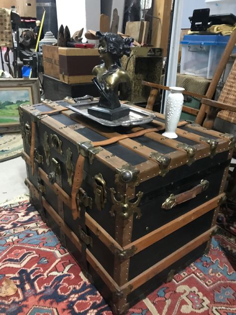 Restored Steamer Trunk, Trunk Storage Ideas, Steamer Trunk Ideas, Antique Trunk Restoration, Steamer Trunk Coffee Table, Vintage Steamer Trunk, Trunk Makeover, Trunk Ideas, Antique Steamer Trunk