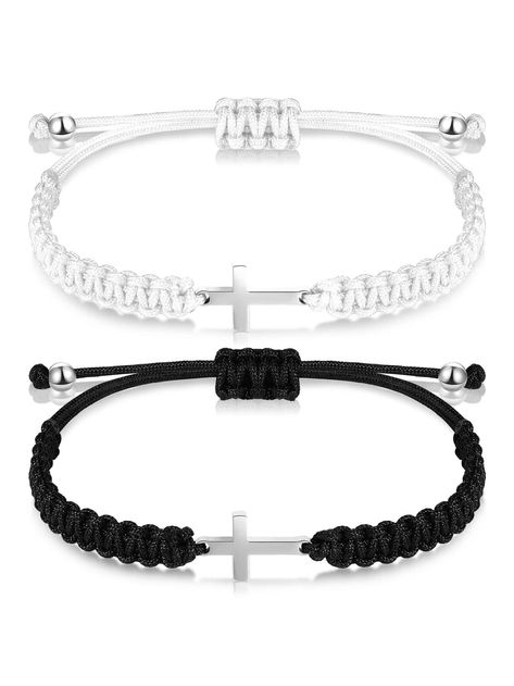 2pcs Stainless Steel Cross Bracelet, Black And White Woven Rope Couple Bracelets, Size AdjustableI discovered amazing products on SHEIN.com, come check them out! Cross Black And White, Matching Couple Bracelets, Bff Bracelets, Teen Jewelry, Rope Braid, Breast Tape Lift, Steel Cross, Kids Bracelets, Woven Bracelet