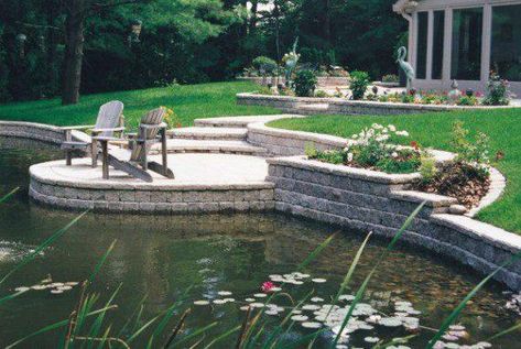 stone retaining wall around pond - Landwork Contractors Lake Retaining Wall, Retaining Wall Ideas, Stone Retaining Wall, Pond Waterfall, Pond Landscaping, Dream Yard, Ponds Backyard, Spring Nature, Outdoor Bar