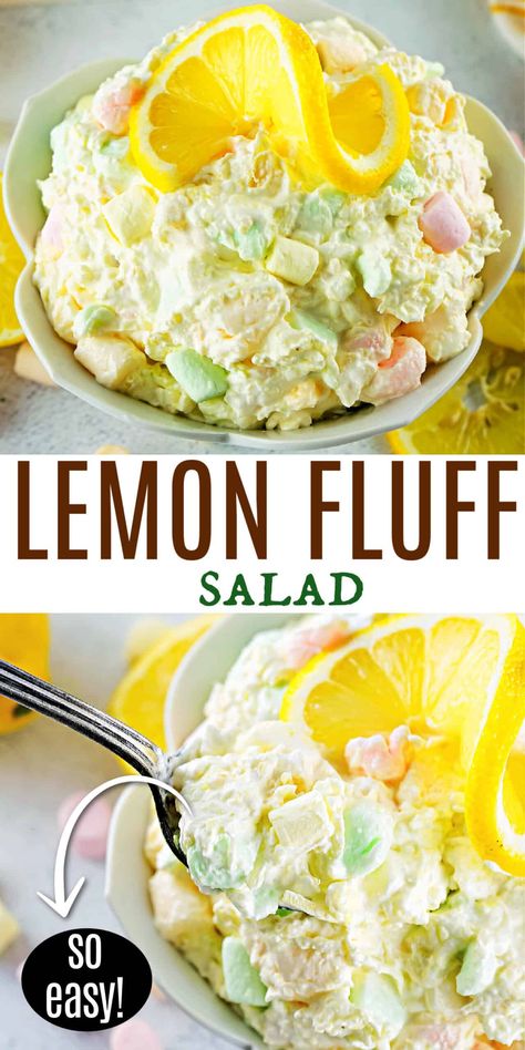 Lemon Pudding Salad, Lemon Fluff Salad, Lemonade Fruit Salad, Lemon Salad Recipes, Jello Salads Recipes, Easter Jello Salad, Lemon Jello Recipes, Easy Jello Desserts, Lemon Fruit Salad