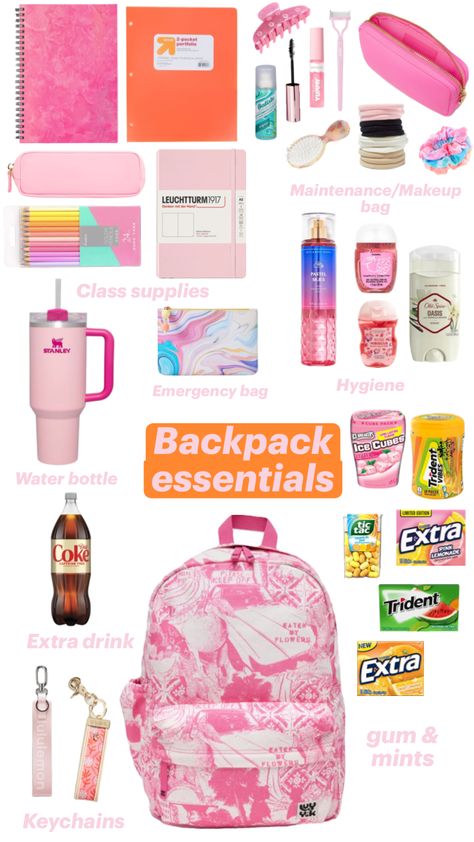 #myfirstshuffle #pink #backpack #school #schoolinspo #preppy #pinkaesthetic 5th Grade Essentials, Middle School Backpack, Preppy School Bag, Extra Gum, School Backpack Essentials, What's In My Backpack, Preppy Essentials, Cute Middle School Outfits, Lilly Pulitzer Outfits