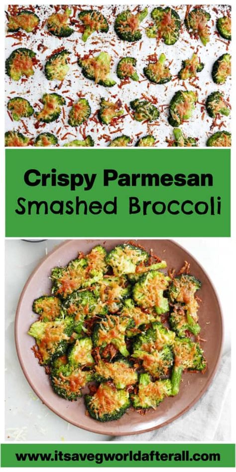 Smashed Broccoli with Parmesan Broccoli Chips, Baked Broccoli Recipe, Smashed Broccoli, Parmesan Broccoli, Plant Based Recipes Easy, Healthy Vegetable Recipes, Parmesan Recipes, Garlic Seasoning, Baked Eggplant