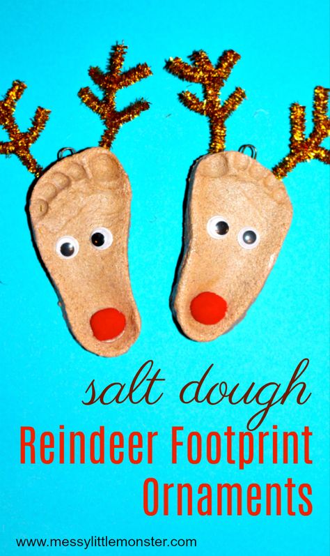 Salt dough ornaments. Reindeer footprint craft for kids. Reindeer Footprint, Dough Crafts, Salt Dough Crafts, Footprint Craft, Handprint Ornaments, Reindeer Craft, Footprint Crafts, Dough Ornaments, Handprint Crafts