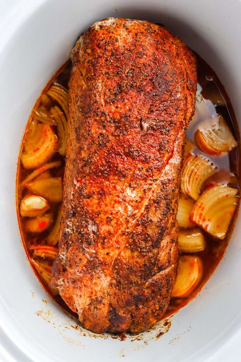 This pork loin crockpot recipe delivers juicy and tender pork with minimum prep time. It's foolproof and creates a comforting dinner. Pork Loin Crockpot, Juicy Pork Loin, Copycat Recipes Desserts, Pork Loin Crock Pot Recipes, Slow Cooker Pork Chops Recipes, Crockpot Pork Loin, Pork Loin Roast Recipes, Pork Crockpot Recipes, Comforting Dinner