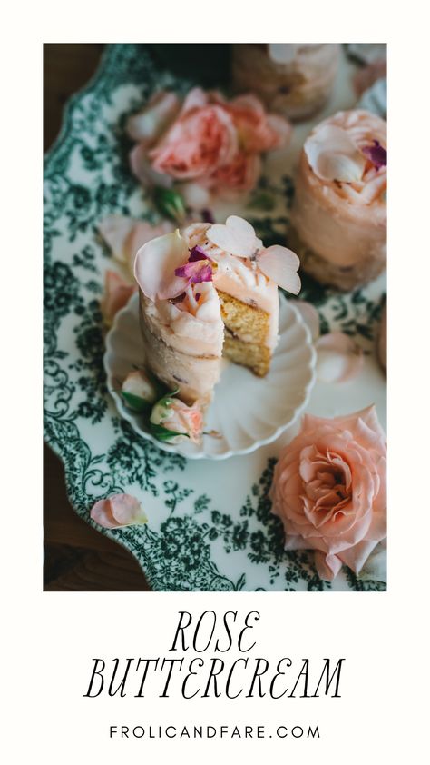 close up shot of vintage green plate topped with pink mini cakes garnished with light pink rose petals and buds Rosewater Buttercream Frosting, Rose Water Cupcakes, Rose Buttercream Cupcakes, Rose Syrup Desserts, Rose Flavored Cake, Rose Dessert Recipes, Herb Cupcakes, Rose Water Cake Recipe, Rose Desserts