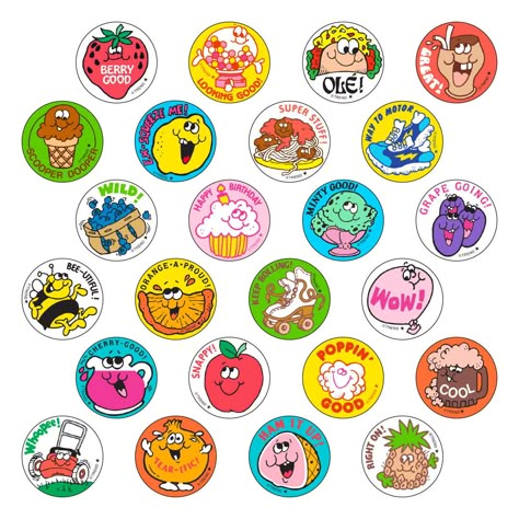 Get a whiff of this! TREND Scratch 'n Sniff Stinky Stickers® from the '80s are BACK! And they're SCENT-sational! This set includes one pack each of the inaugural 24 Retro Stinky Stickers® (Bee-utiful!, Berry Good, Cherry-Good!, Cool, Ex-Squeeze Me!, Grape Going!, Great!, Ham It Up!, Happy Birthday, Keep Rolling!, Looking Good!, Minty Good!, Ole!, Orange-A-Proud!, Poppin' Good, Right On!, Scooper Dooper, Snappy!, Super Stuff!, Tear-ific!, Way to Motor, Whoopee!, Wild!, and Wow! - 48 sheets total! Scenecore Stickers, Old Stickers Vintage, Sticker Sheets Vintage, Childhood Stickers, Nostalgic 2000s, 80s Stickers, 90s Stickers, Stickers For Teachers, Scratch And Sniff Stickers