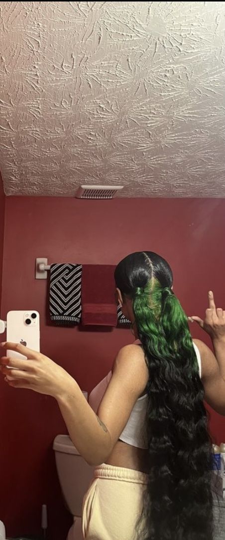 Black And Green Skunk Stripe Hair, Black And Green Ponytail, Green Skunk Stripe Curly Hair, Lime Green Skunk Stripe Hair, Black Wig With Green Skunk Stripe, Green Peekaboo Braids, Green Braids For Black Women, Green Peekaboo Hair, Green Ponytail