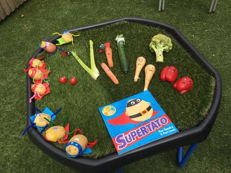 Supertato tuff tray Vegetable Tuff Tray Ideas, Tuff Tray Story Ideas, World Book Day Sensory Play, Supertato Tuff Tray, Superpotato Activities, Book Themed Tuff Tray, World Book Day Tuff Tray Ideas, Book Tuff Tray Ideas, Story Tuff Tray Ideas