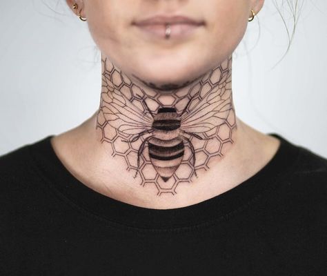 Neck Bee Tattoo, Honey Bee Neck Tattoo, Beehive Neck Tattoo, Queen Bee Honeycomb Tattoo, Honeycomb Neck Tattoos Women, Honeycomb Throat Tattoo, Honeycomb Tattoo Neck, Full Front Neck Tattoos Women, Hexagon Neck Tattoo