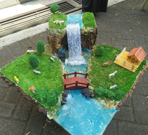 3d Waterfall Project, Architecture Model With Water, Waterfall Diorama, Log Cabin Craft, Landform Projects, Rainforest Project, Waterfall Project, Diorama Kids, Diy Waterfall