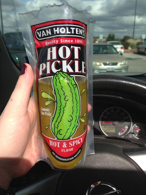 Pickle in a pouch. So good. Especially the spicy one! Van Holten Pickle, Themed Party Food Ideas, Hot Pickle, Spicy Bowl, Hot Pickles, Hot Snacks, Dessert Aesthetic, Trip Snacks, Checker Background