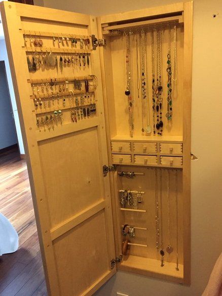 Concealed jewelry cabinet made of birch plywood Recessed Jewelry Cabinet, Built In Jewelry Cabinet, Diy Jewelry Mirror, Redecorating Bedroom, Diy Jewelry Cabinet, Western Mirror, Rustic Storage Cabinets, Jewelry Organizer Diy Wall, Plywood Projects