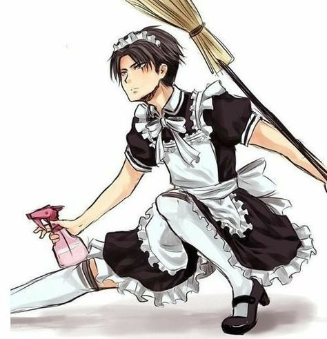 Levi Ackerman, maid, outfit, funny, cleaning liquid, broom; Attack on Titan An Anime, Anime Character, The Story, Anime, White, Black