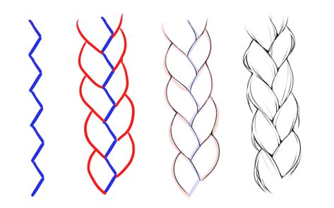 Braid Sketch Tutorial, Braid Art Tutorial, Braid How To Draw, Simple Braid Drawing, Braids Sketch How To Draw, Drawing Of Braided Hair, How To Draw Scarves, How Draw Braids, Art Braids Drawing