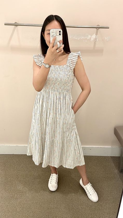 Sundress Midi Dress With V-neck And Ruffles, Spring Midi Dress With Ruffles, Relaxed Fit, Casual V-neck Smocked Dress With Ruffles, Casual Midi-length Smock Dress, Casual V-neck Smocked Dress With Ruffle Hem, White Floral Midi Dress, White Floral Print Dress, 50 Plus, Ruffle Midi Dress