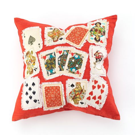 Casino Playing Cards Pillow Modern Decorative Pillows, Royal Flush, Background Fabric, Down Feather, Playing Card, Blackjack, Red Background, Just For Fun, Square Throw Pillow