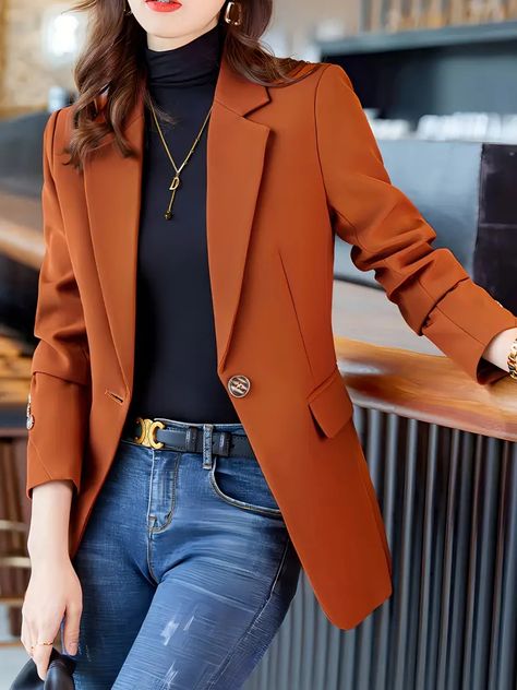 Notched Collar Button Front Elegant Long Sleeve - Temu Rust Blazer Outfit, Blazer Outfit Women, Winter Abaya, Office Wears, Blazer Outfit, New Years Eve Outfits, Office Attire, Long Sleeve Blazers, Notched Collar