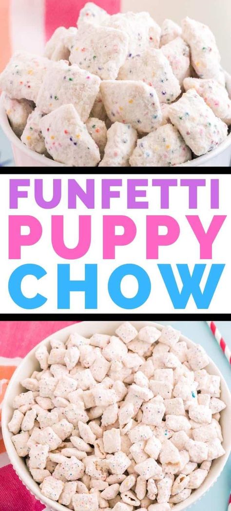 This funfetti puppy chow is a fun combination of crispy Chex cereal and melted white chocolate, made colorful with sprinkles and funfetti cake mix, then tossed in powdered sugar for a sweet cake-batter flavored treat that everyone will love! Funfetti Puppy Chow, Puppy Chow Mix, Chex Mix Muddy Buddies, Funfetti Cake Mix Cookies, Puppy Chow Chex Mix Recipe, Puppy Chow Recipe, Chex Mix Puppy Chow, Chow Recipe, Muddy Buddies Recipe