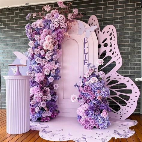 Purple Blue Flower Backdrop | Purple Wedding Arch Flowers | Arch Flower Arrangements - Artificial Flowers - Aliexpress Purple Wedding Backdrop, Hydrangea Arch, Flower Banquet, Backdrop Butterfly, Butterflies Paper, Butterfly Themed Birthday Party, Butterfly Theme Party, Butterfly Princess, Birthday Props